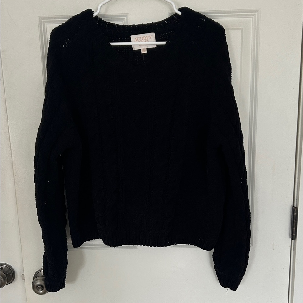 AUDREY Parks Cable-Knit V Neck Sweater Size Large Black lightweight francesca’s